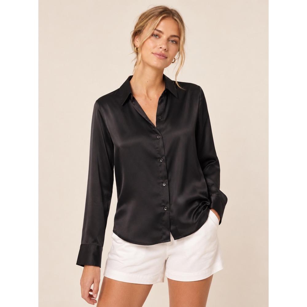 Banana Republic Womens‎ Satin Button Down Shirt Small Classic Fit Black Blouse